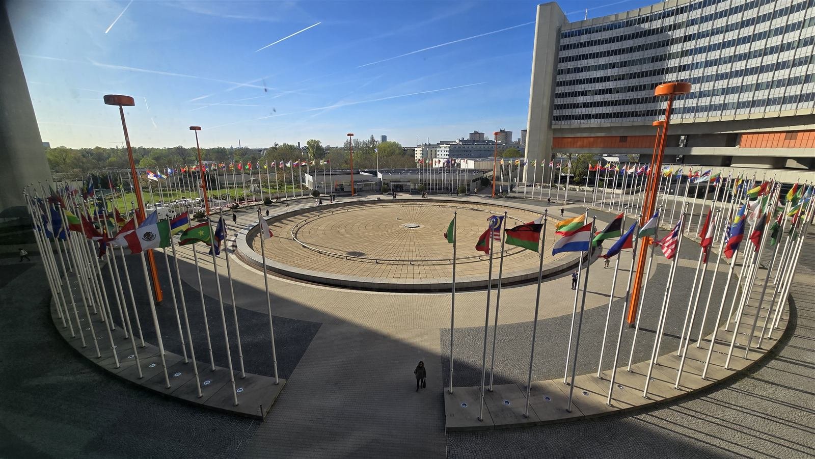 The flag plaza at the Vienna International Centre, flying the flags of its member states